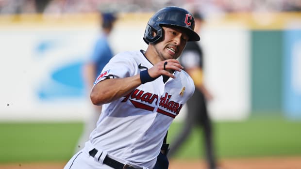 Sep 3, 2023; Cleveland, Ohio, USA; Cleveland Guardians left fielder Steven Kwan (38) rounds third base en route to scoring during the fifth inning against the Tampa Bay Rays at Progressive Field.